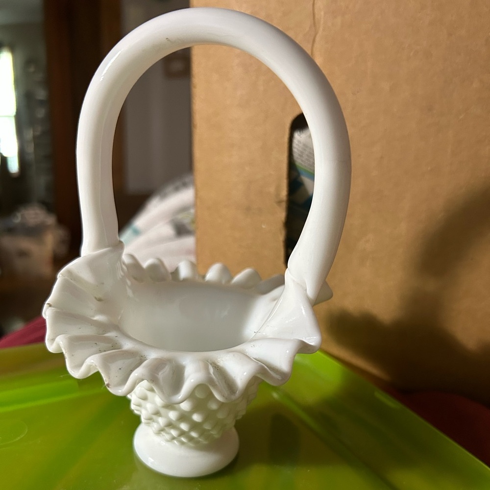 Vintage Fenton Hobnail White Milk Glass Basket with Ruffled Edge 6 1/4" Tall